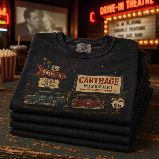 Carthage Missouri Route 66 Historic Drive-In black graphic tee lifestyle photo with vintage Americana styling
