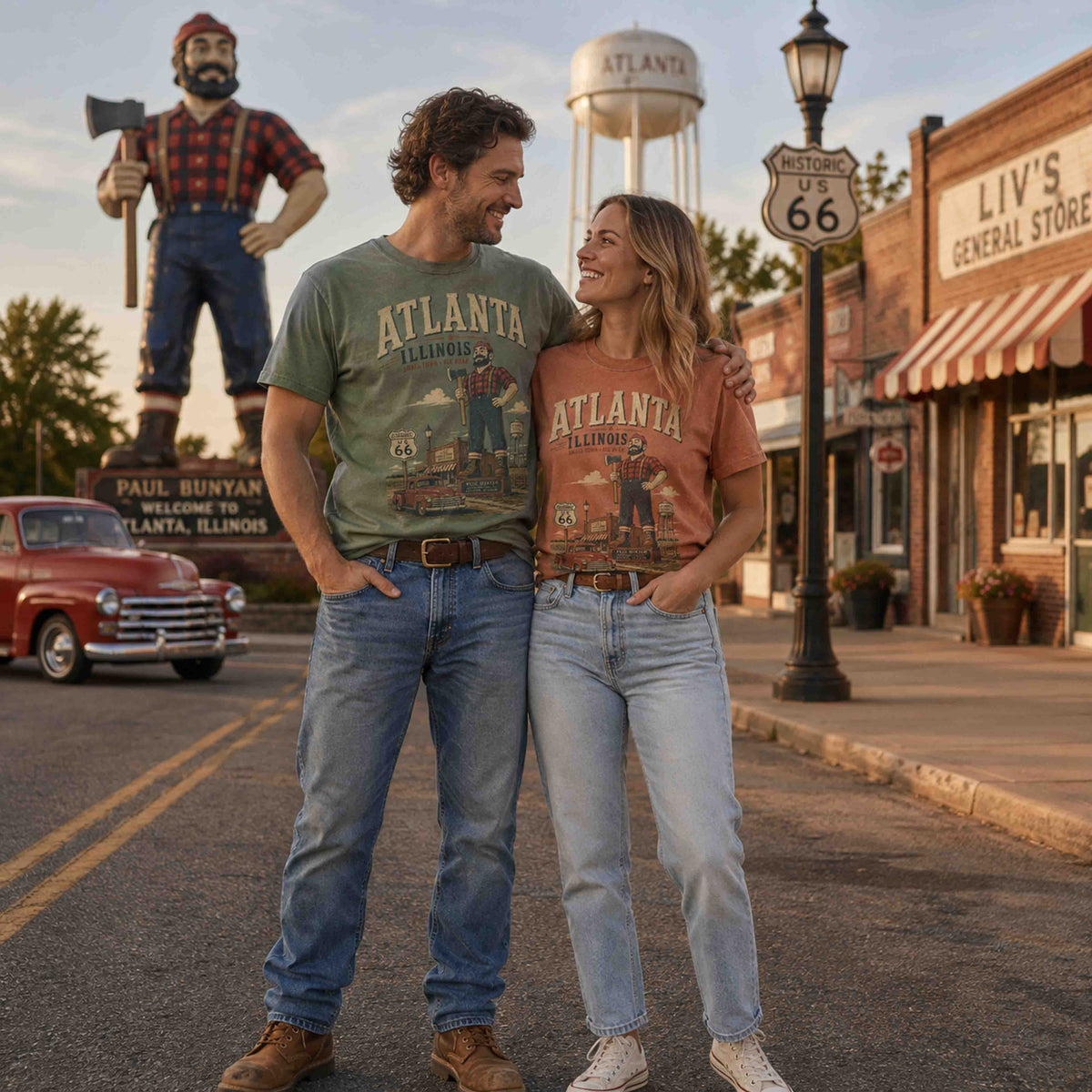Atlanta Illinois Route 66 Historic Downtown graphic tee shown in a vintage Americana editorial lifestyle photo