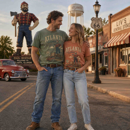 Atlanta Illinois Route 66 Historic Downtown graphic tee shown in a vintage Americana editorial lifestyle photo