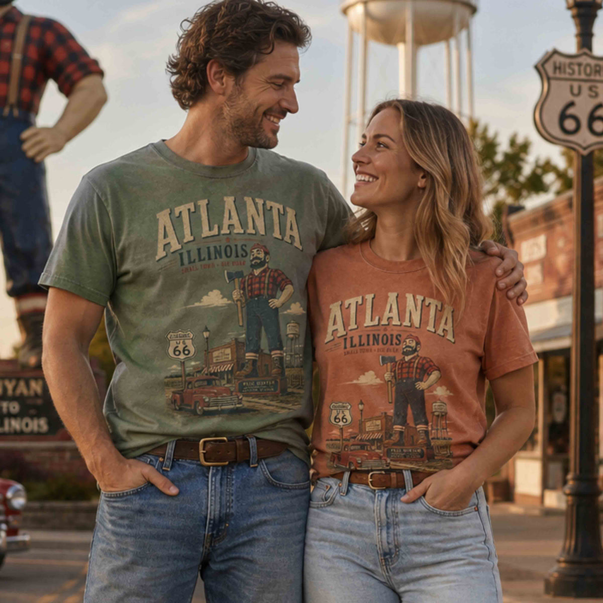 Couple wearing Atlanta Illinois Route 66 Historic Downtown graphic tees in Moss and Yam in a vintage small-town setting
