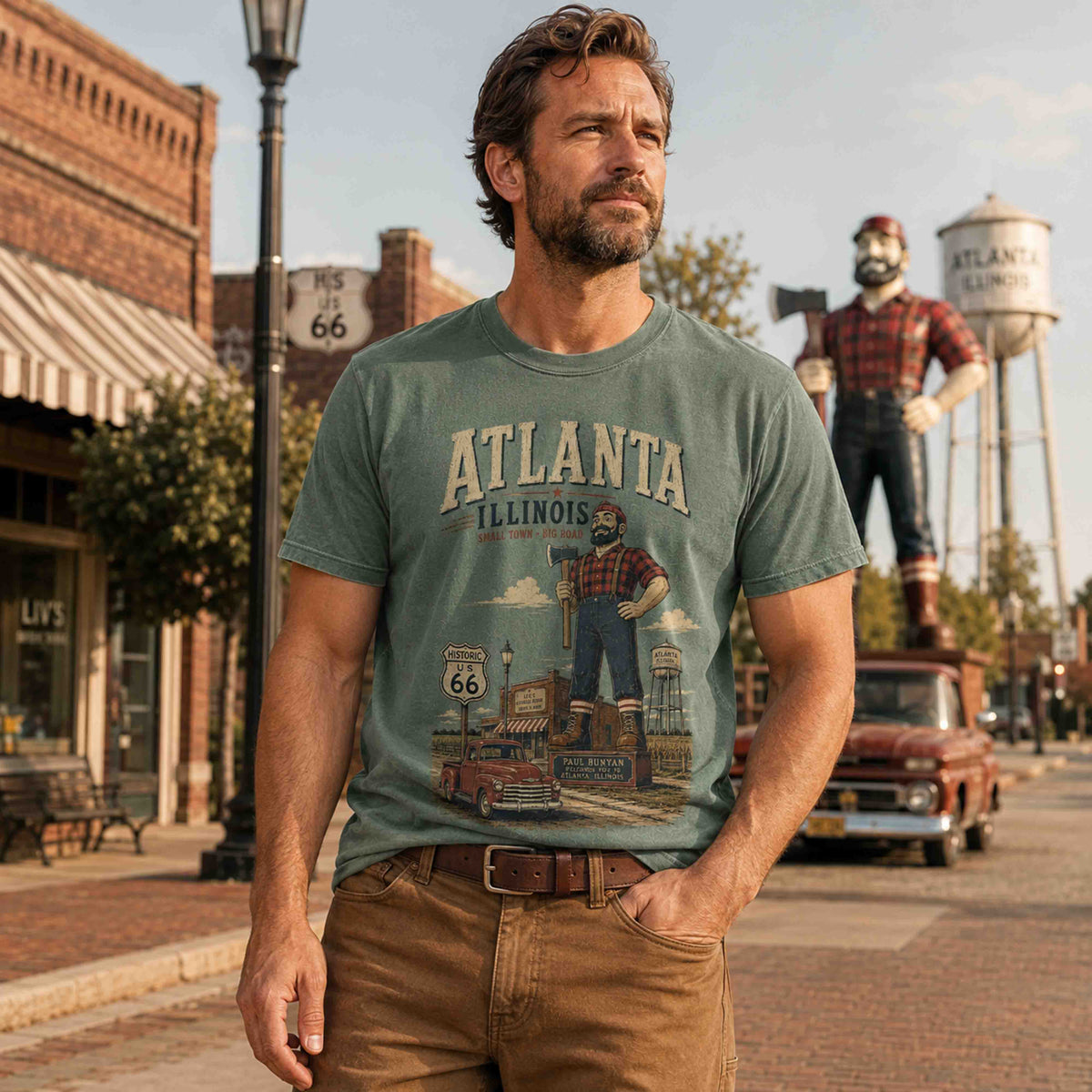 Man wearing a Moss Atlanta Illinois Route 66 Historic Downtown graphic tee in a vintage Americana setting