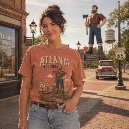 Woman wearing a Yam Atlanta Illinois Route 66 Historic Downtown graphic tee in a historic Route 66 setting