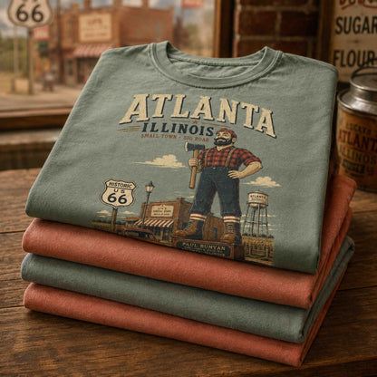 Atlanta Illinois Route 66 Historic Downtown graphic tees worn by a couple on a classic roadside street