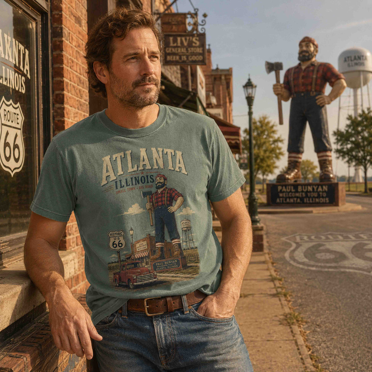 Close-up of Atlanta Illinois Route 66 Historic Downtown artwork printed on a premium garment-dyed tee