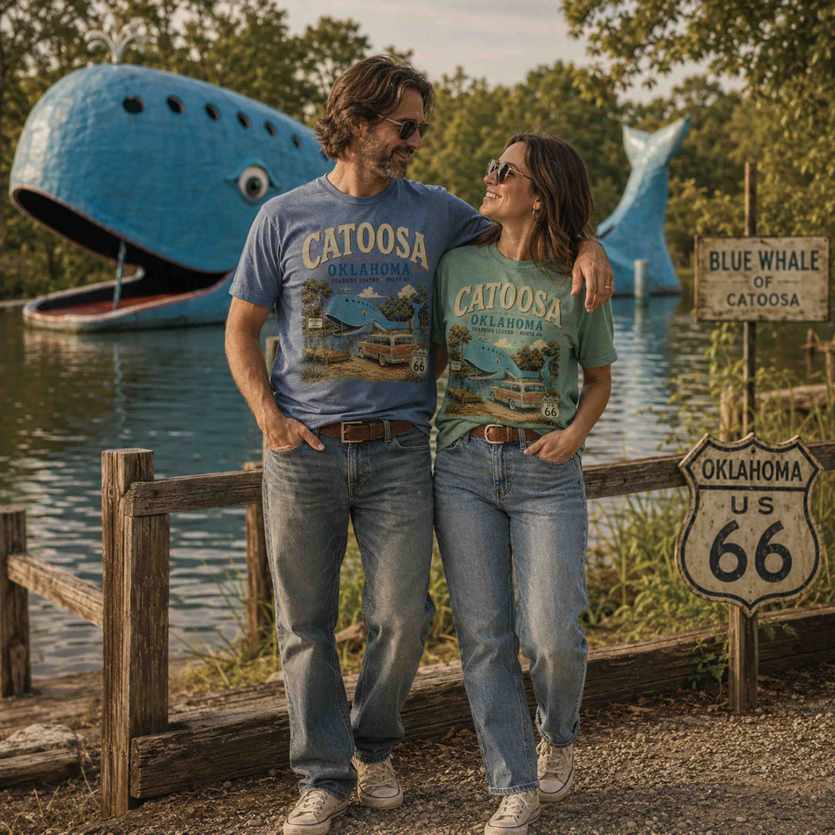 Catoosa Oklahoma Route 66 Blue Whale graphic tee lifestyle photo near the Blue Whale landmark