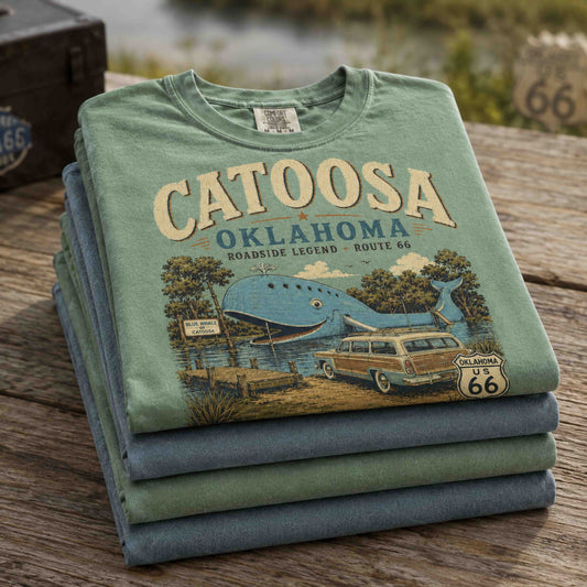 Folded light green Catoosa Oklahoma Route 66 Blue Whale graphic tee