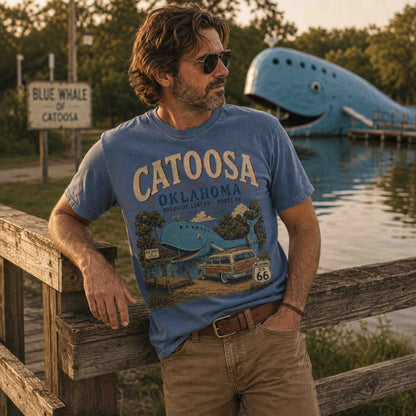 Man in blue Catoosa Oklahoma Route 66 graphic tee beside the Blue Whale of Catoosa