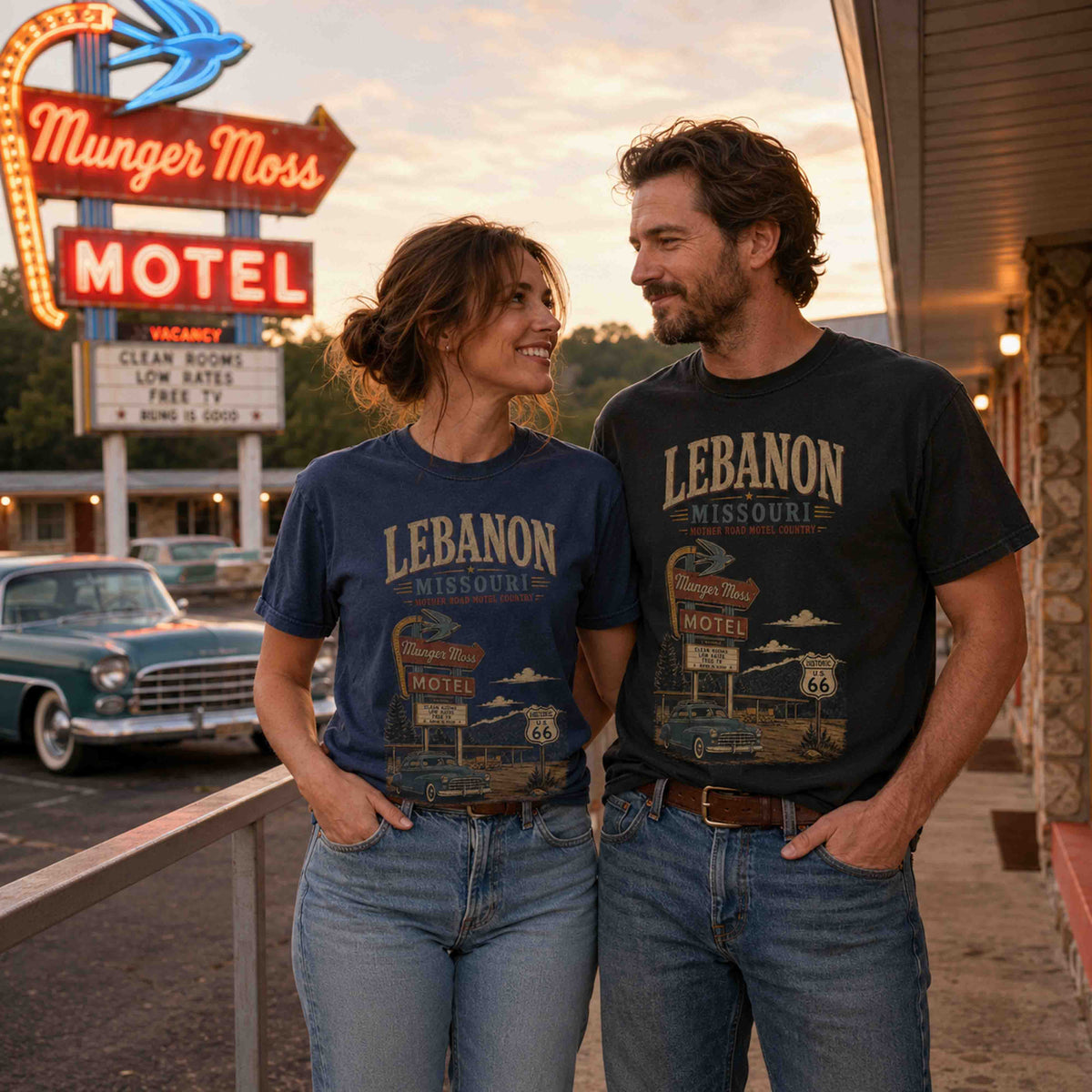 Lebanon Missouri Route 66 Munger Moss Motel graphic tee lifestyle photo with vintage motel backdrop