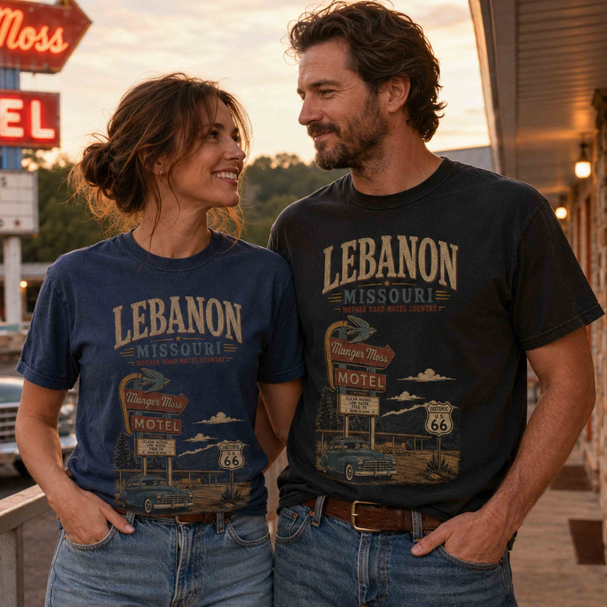 Couple wearing Lebanon Missouri Route 66 Munger Moss Motel graphic tees in a vintage roadside motel setting