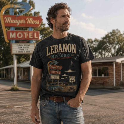 Folded navy Lebanon Missouri Route 66 Munger Moss Motel graphic tee with vintage motel artwork