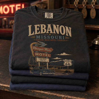Men wearing Lebanon Missouri Route 66 Munger Moss Motel graphic tees near a historic motel sign