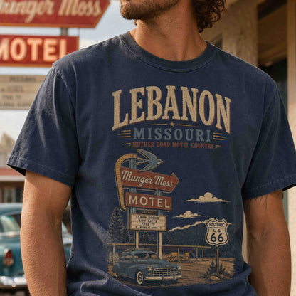 Man wearing navy Lebanon Missouri Route 66 Munger Moss Motel graphic tee outdoors