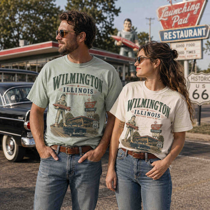 Couple wearing Wilmington Illinois Route 66 graphic tees inspired by the Gemini Giant and Launching Pad.