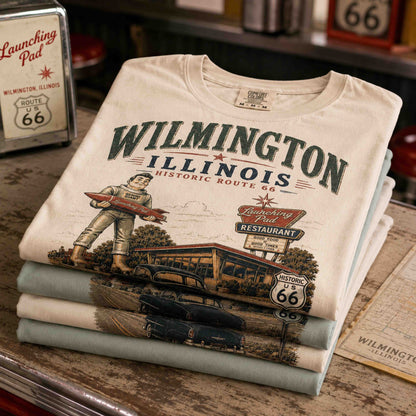 Wilmington Illinois Route 66 graphic tee lifestyle photo with vintage roadside Americana styling.