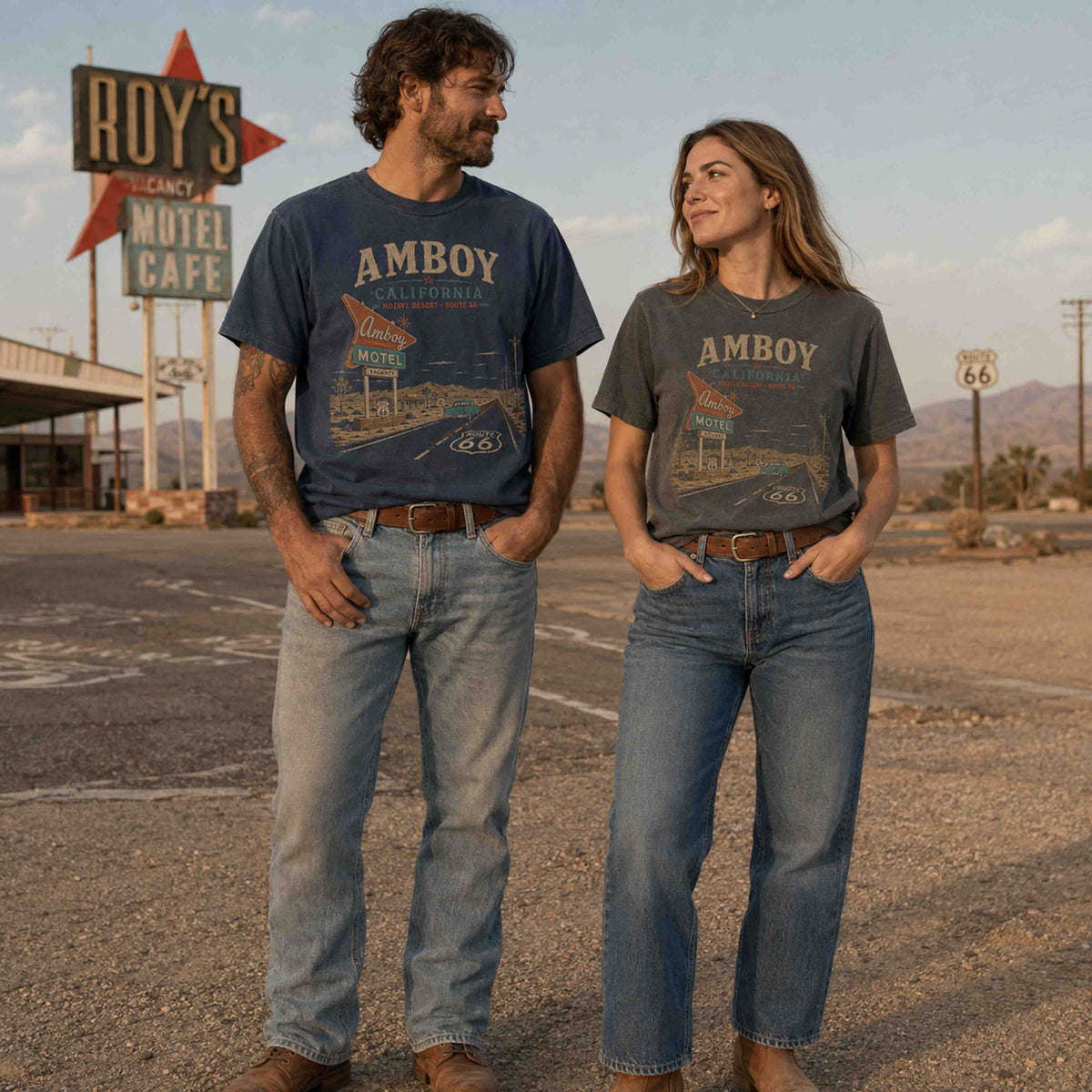 Close-up of Amboy California Route 66 Roy’s Motel graphic tee showing vintage desert artwork and print detail.