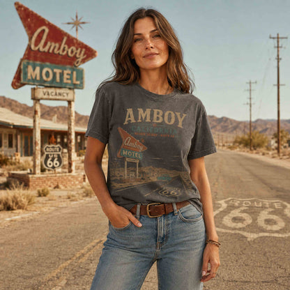 Man wearing a Navy Amboy California Route 66 Roy’s Motel graphic tee in the Mojave Desert.