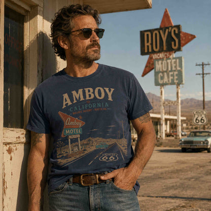 Folded Amboy California Route 66 graphic tees styled with vintage desert roadside details.