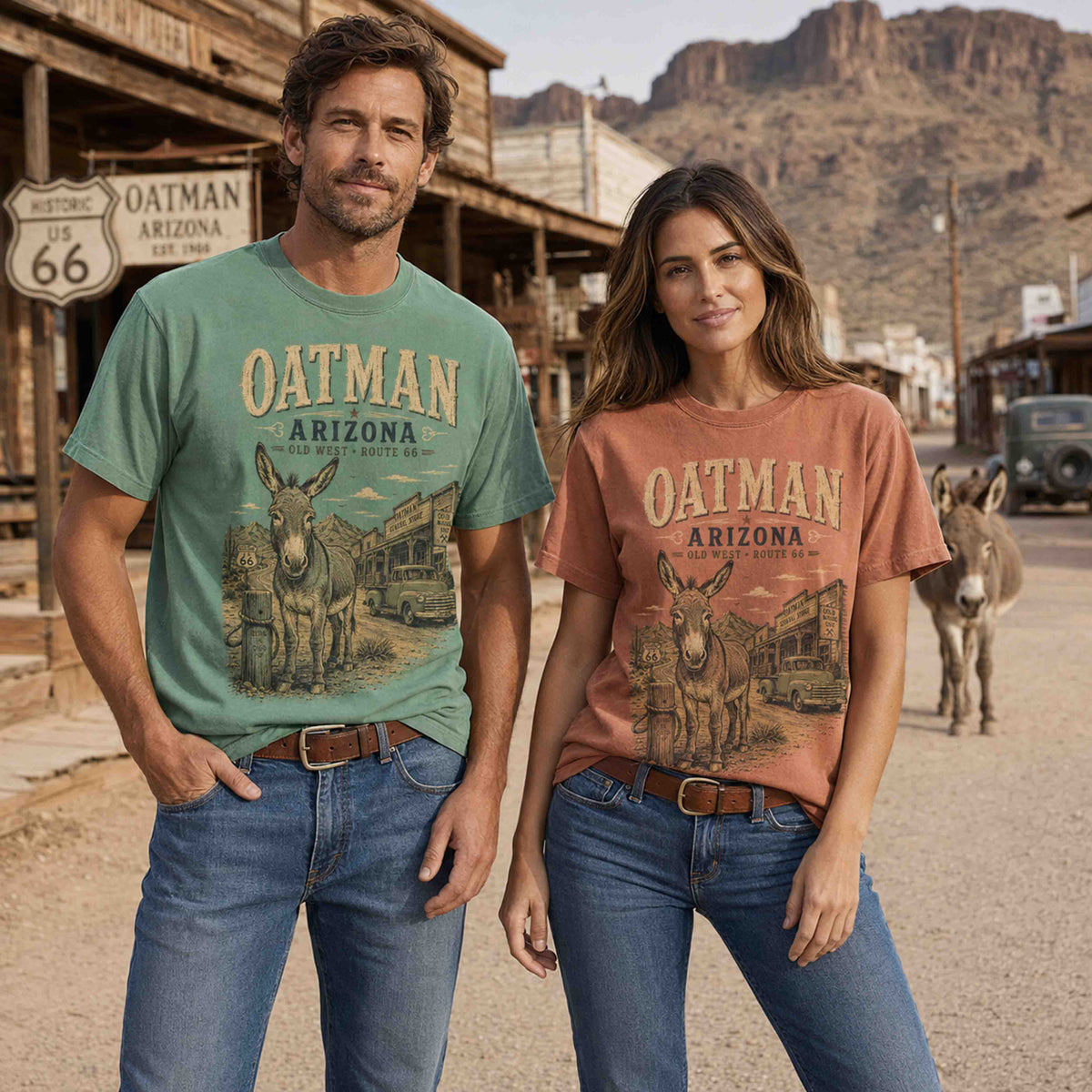 Couple wearing Oatman Arizona Route 66 graphic tees in a historic desert roadside setting.