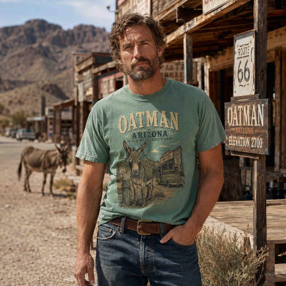 Man wearing an Oatman Arizona Route 66 graphic tee inspired by historic desert and burro culture.