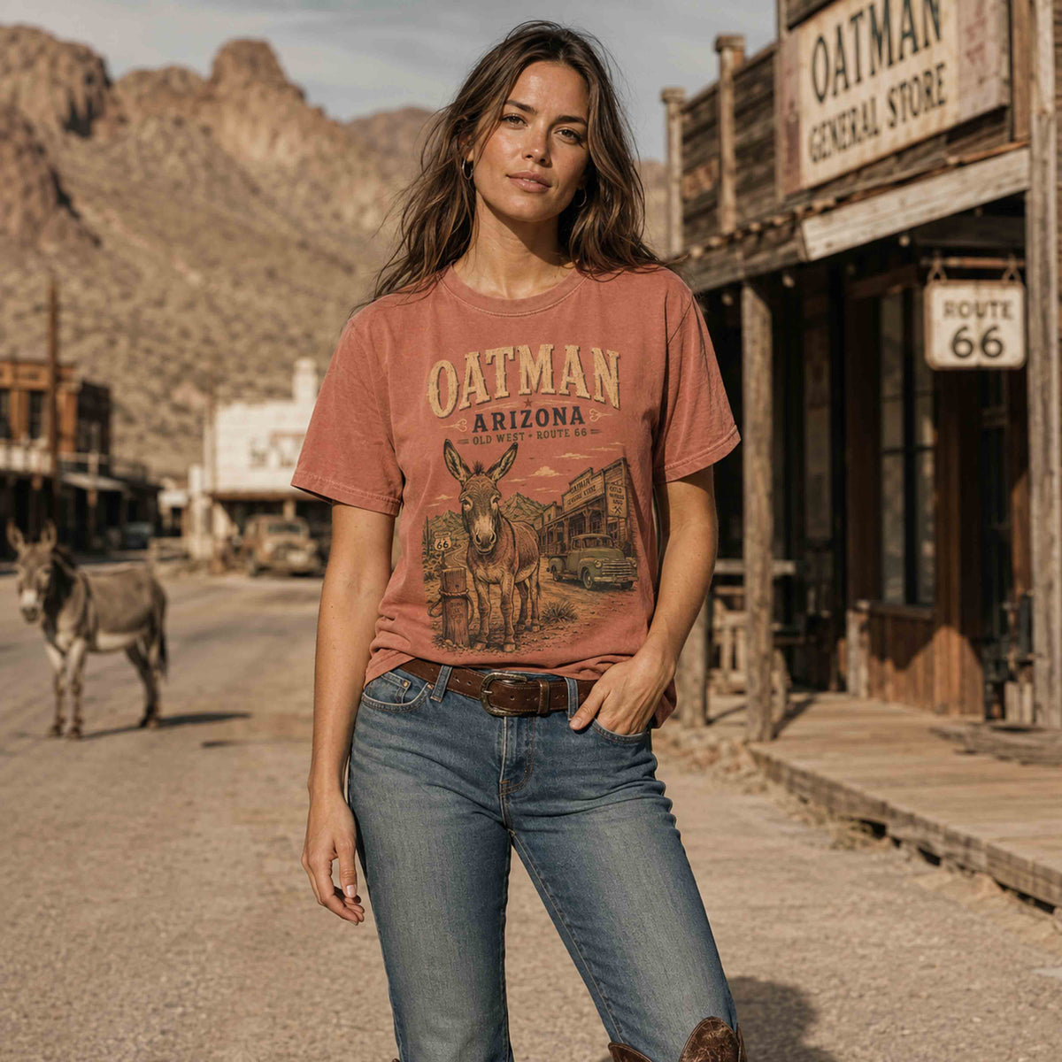 Woman wearing a Yam Oatman Arizona Route 66 graphic tee with vintage desert roadside styling.