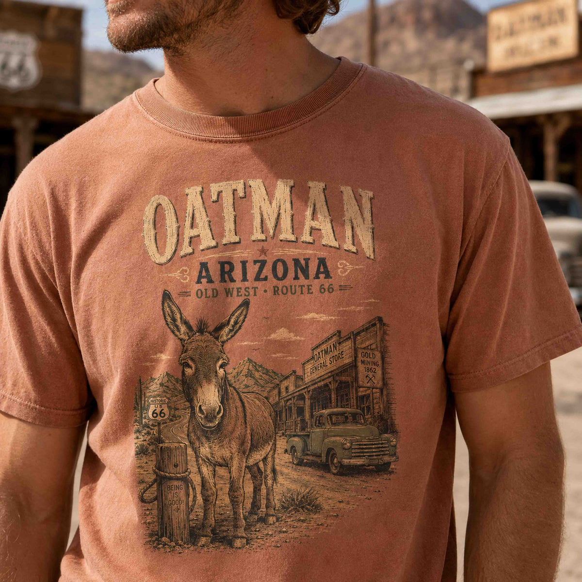 Close-up of Oatman Arizona Route 66 graphic tee showing distressed desert burro artwork and print detail.
