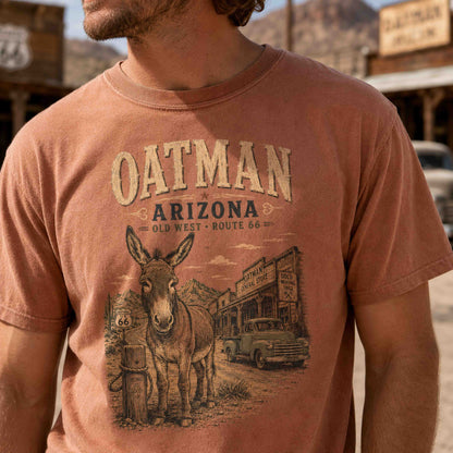 Close-up of Oatman Arizona Route 66 graphic tee showing distressed desert burro artwork and print detail.