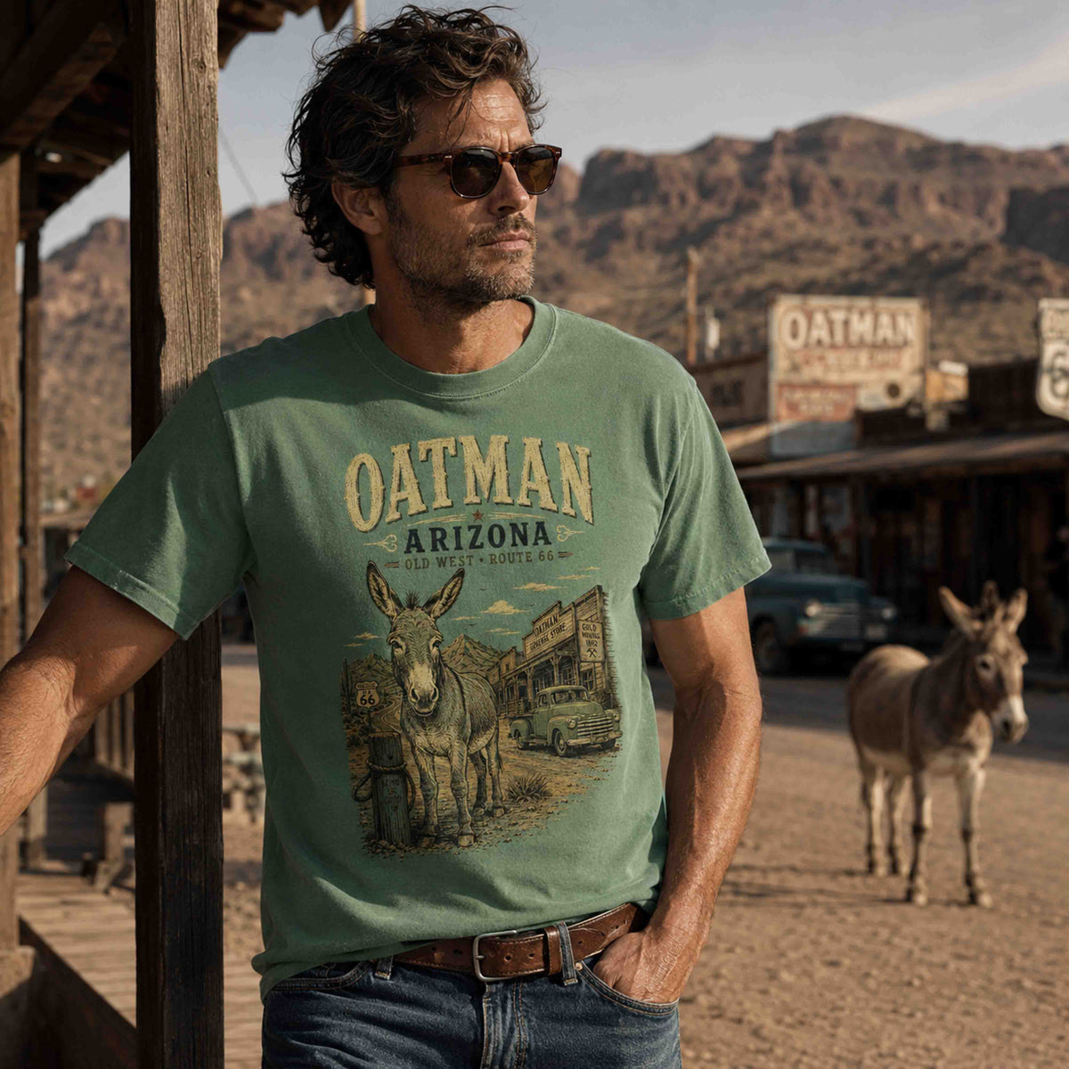 Folded Oatman Arizona Route 66 graphic tee showing vintage burro and desert artwork.