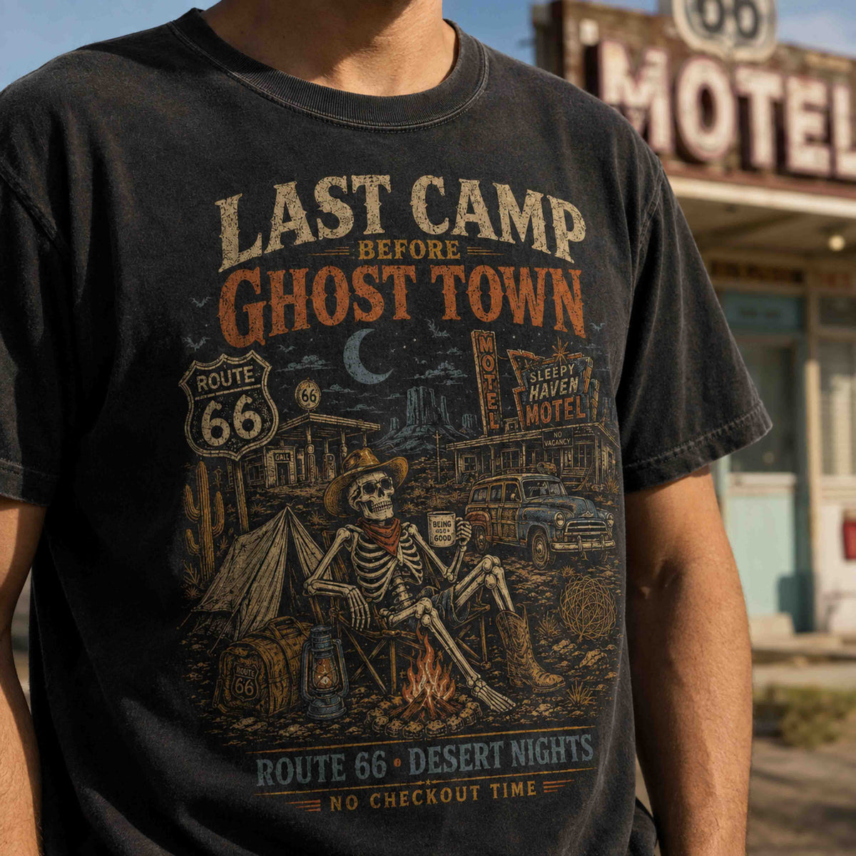 Close-up of Last Camp Before Ghost Town Route 66 graphic tee featuring skeleton camping artwork.