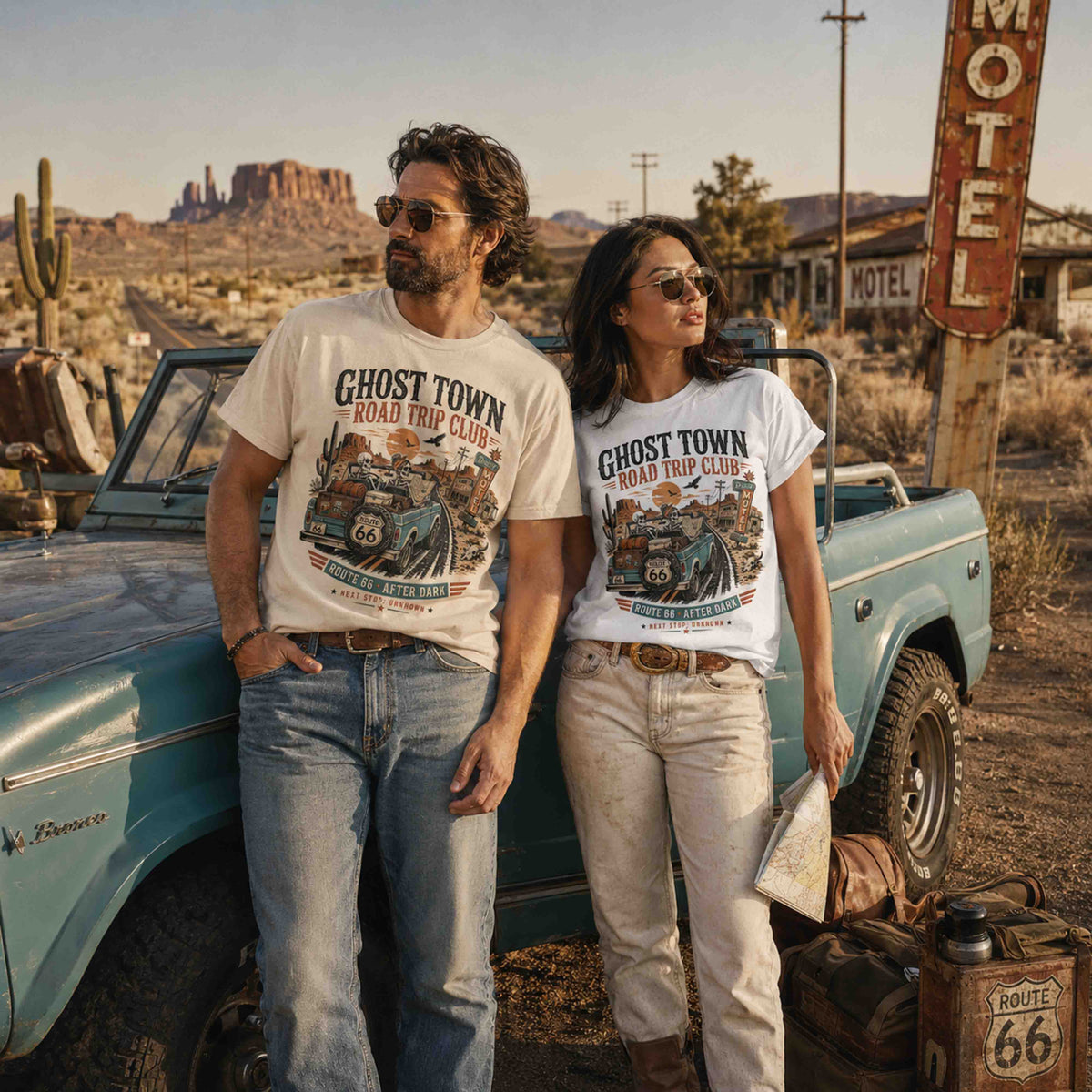 Couple wearing Ghost Town Road Trip Club Route 66 graphic tees in desert setting