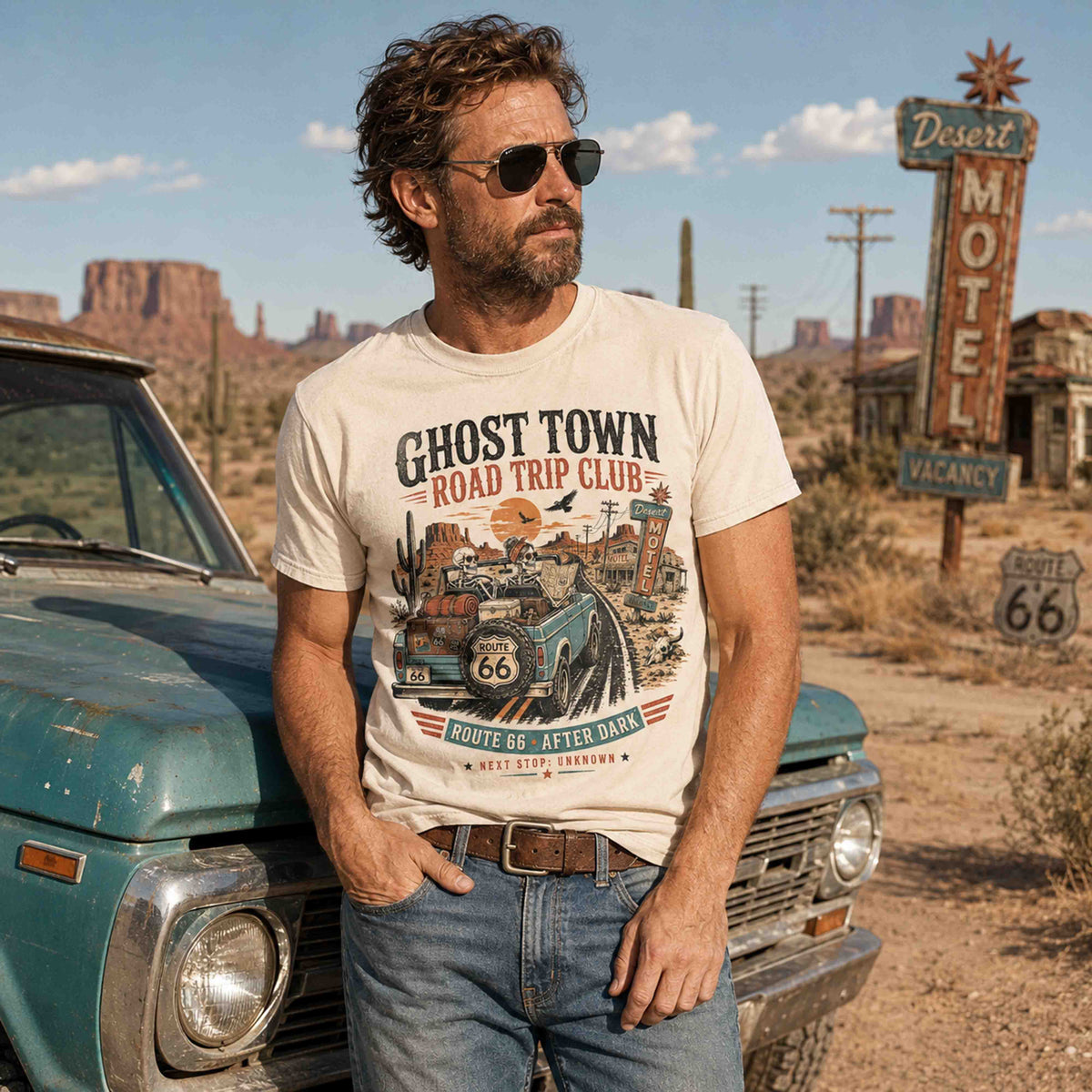 Folded Ghost Town Road Trip Club Route 66 desert graphic tee with vintage artwork