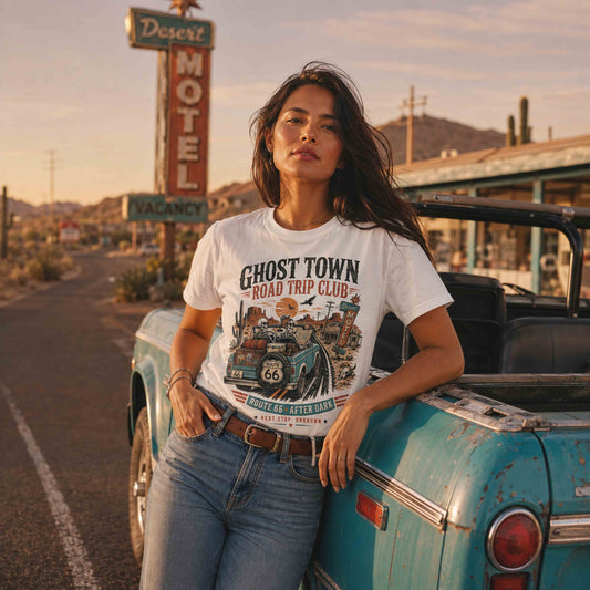 Couple wearing Ghost Town Road Trip Club Route 66 desert graphic tees outdoors