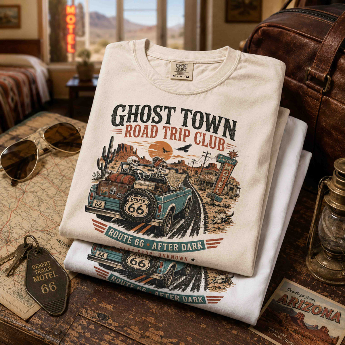 Woman wearing Ghost Town Road Trip Club Route 66 desert graphic tee outdoors