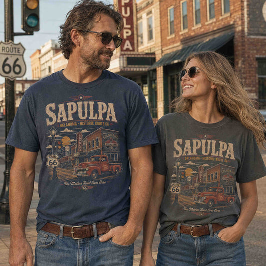 Couple wearing Sapulpa Oklahoma Route 66 historic downtown graphic tees