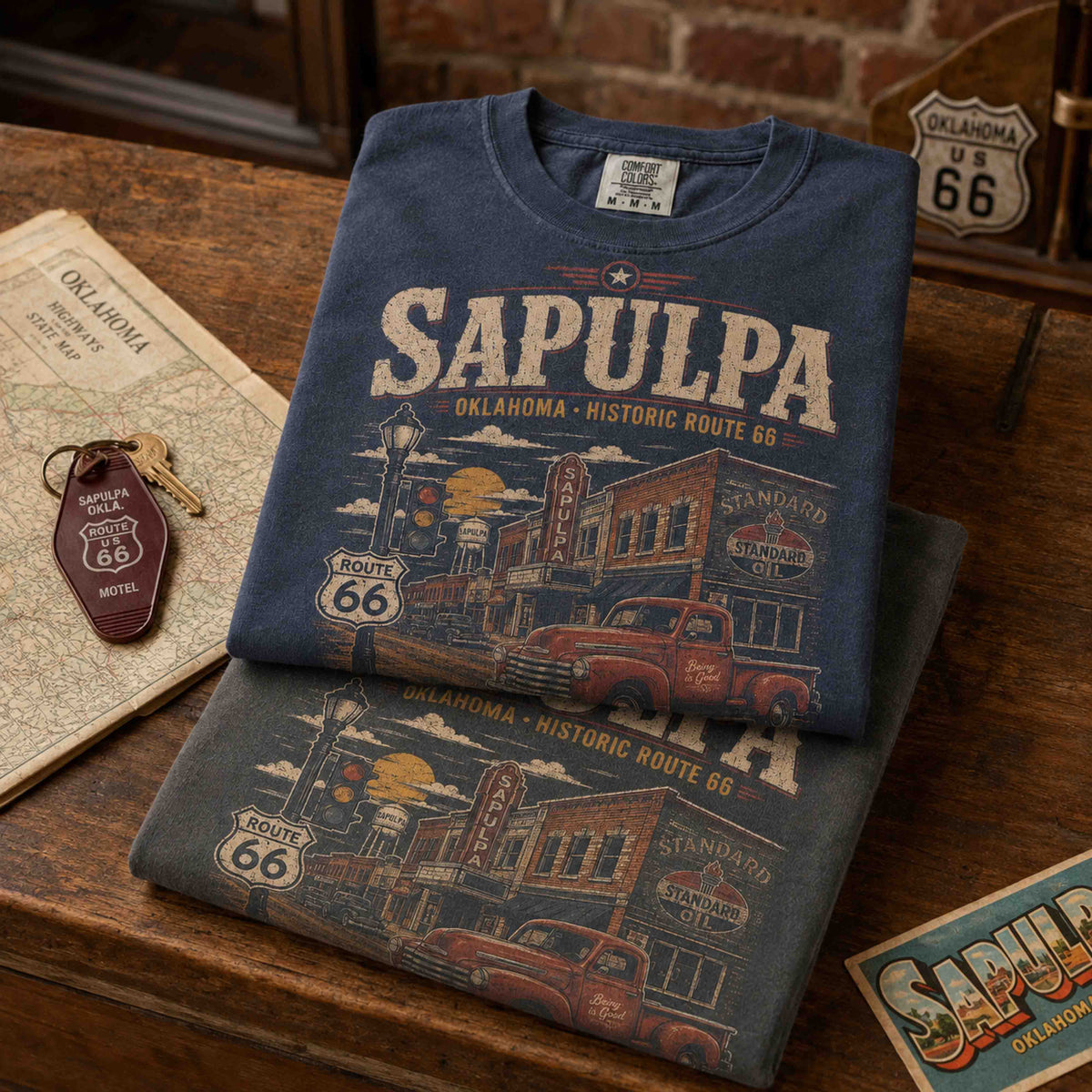 Couple wearing Sapulpa Oklahoma vintage Route 66 shirts on historic downtown street