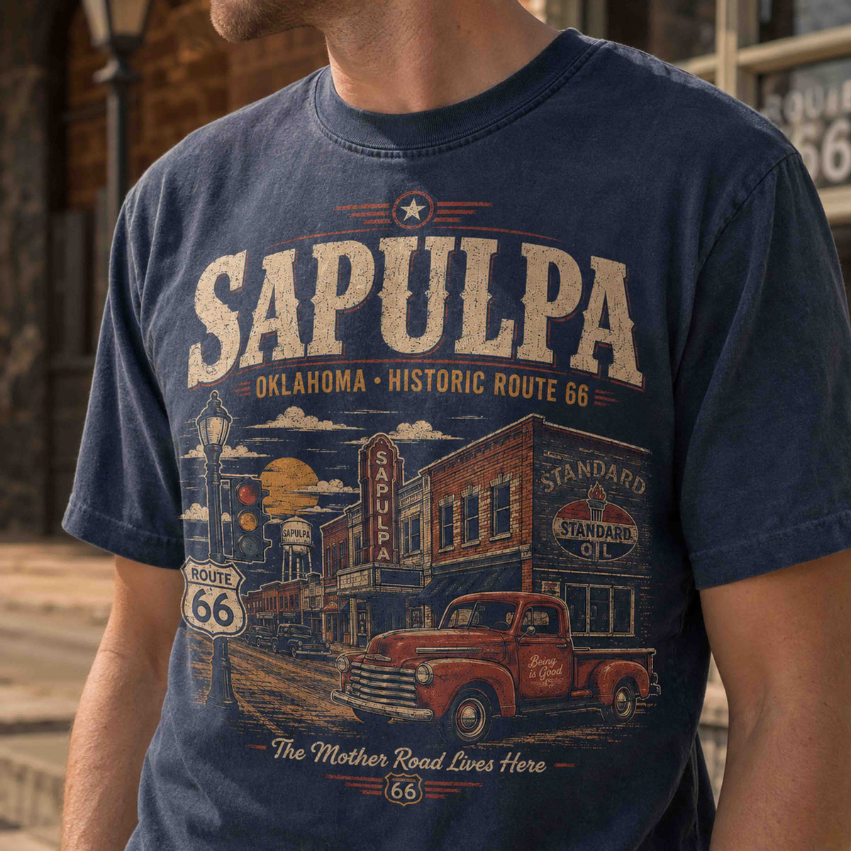 Folded Sapulpa Oklahoma Route 66 shirt with vintage downtown artwork