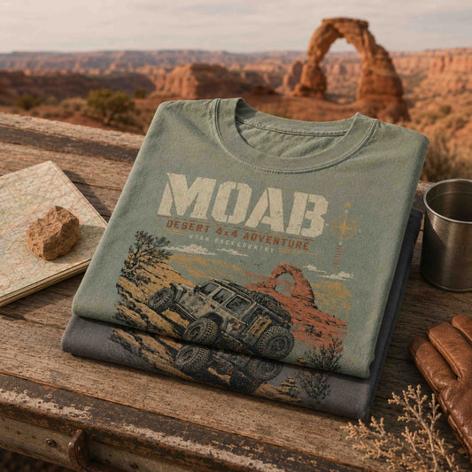 Close-up view of Moab Utah Desert 4x4 Adventure graphic tee featuring vintage off-road desert artwork.
