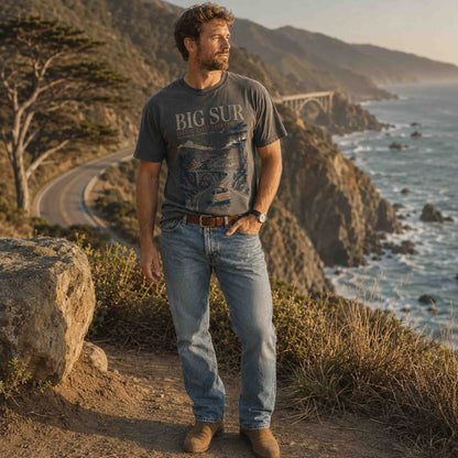 Man wearing a Big Sur California Pacific Coast Road Trip graphic tee with coastal cliffs behind him.