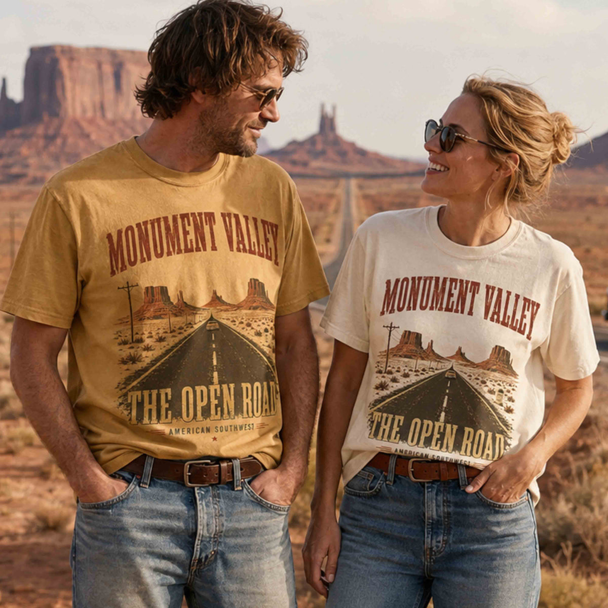 Model wearing mustard Monument Valley The Open Road graphic tee in a desert landscape
