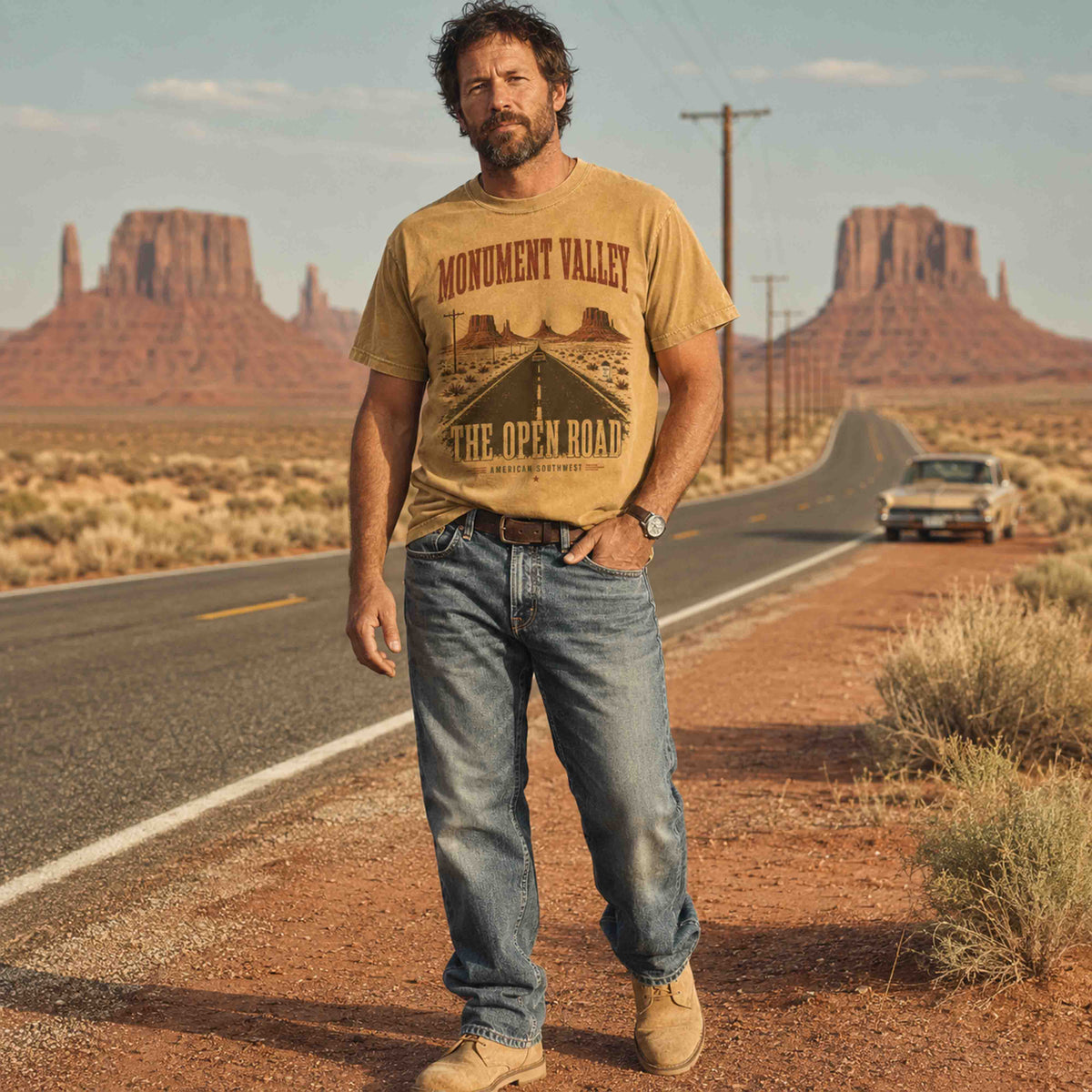 Model wearing Monument Valley The Open Road graphic tee in Southwest desert scenery