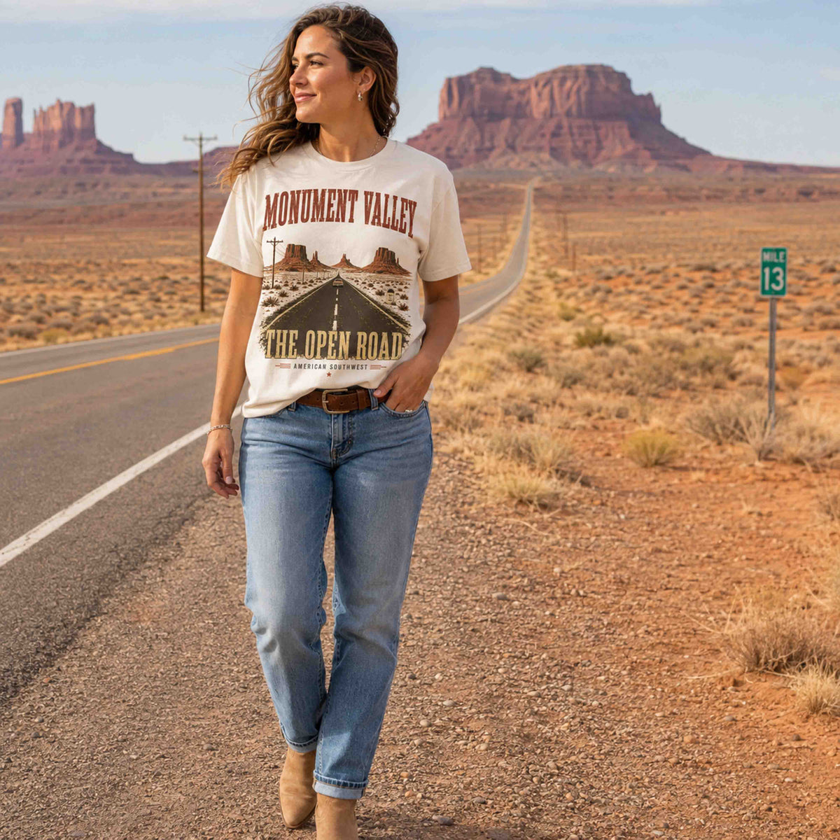 Ivory Monument Valley road trip graphic tee showing the front print detail