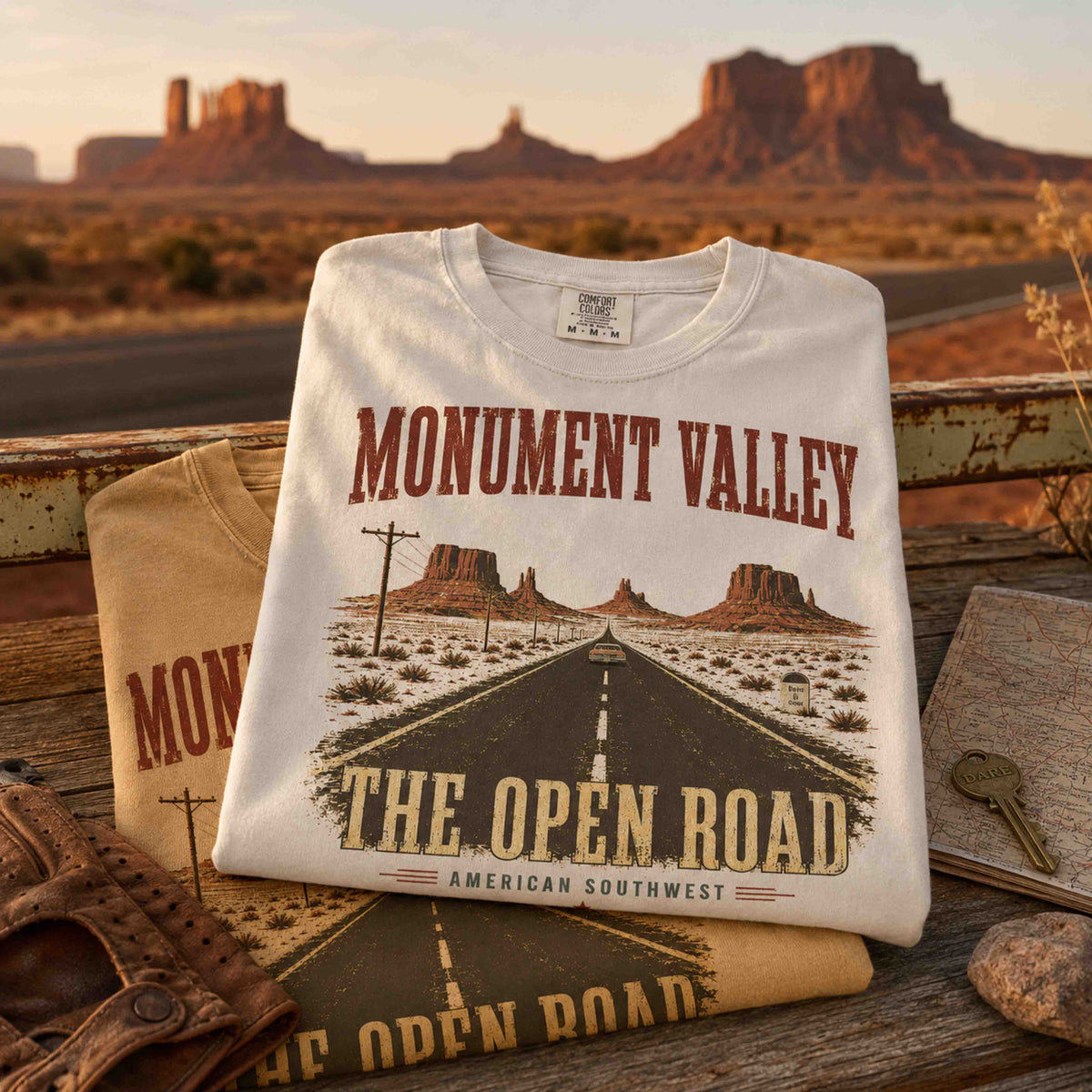 Model wearing ivory Monument Valley desert road trip graphic tee outdoors