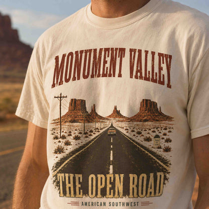 Close-up of Monument Valley The Open Road graphic printed on an ivory t-shirt