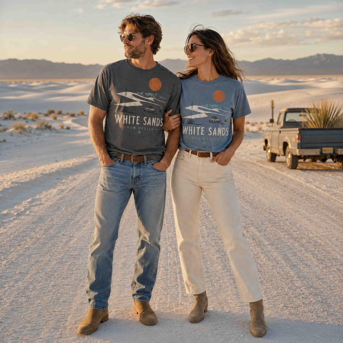 Couple in White Sands New Mexico graphic tees on a Southwest desert road trip