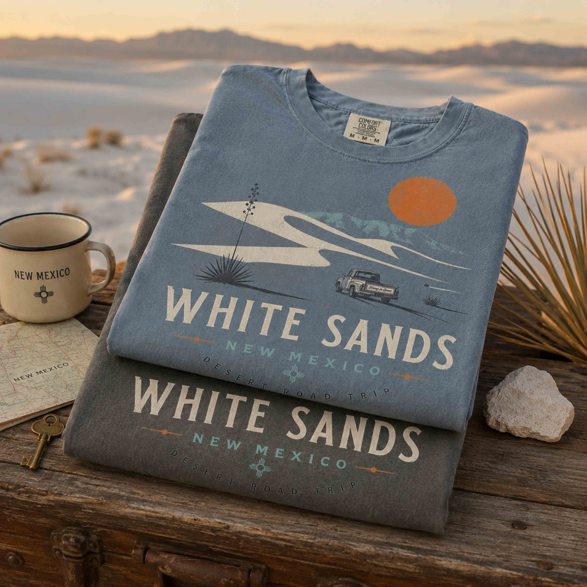 White Sands New Mexico Desert Road Trip graphic tee lifestyle photo in the desert