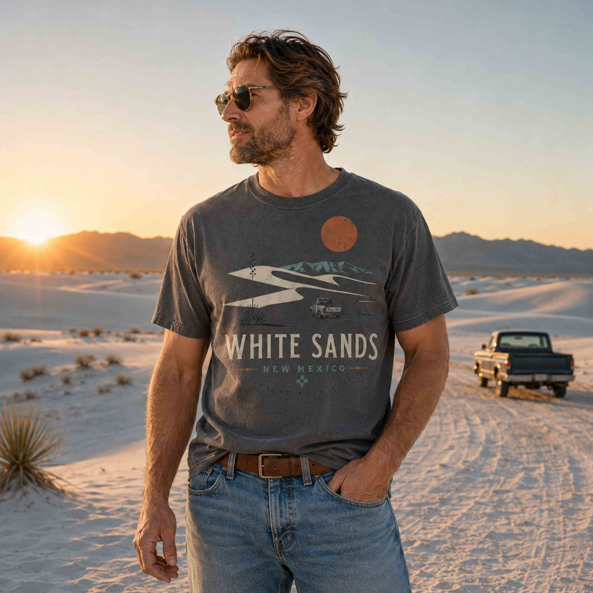 Man wearing White Sands New Mexico Desert Road Trip graphic tee at White Sands