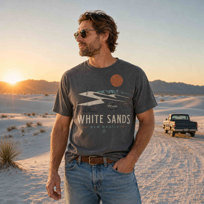 Man wearing White Sands New Mexico Desert Road Trip graphic tee at White Sands