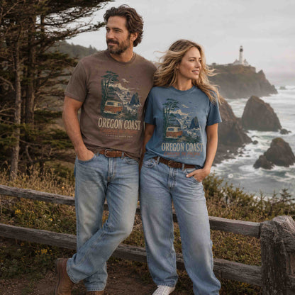Couple in Oregon Coast road trip graphic tees in a scenic Pacific Northwest setting