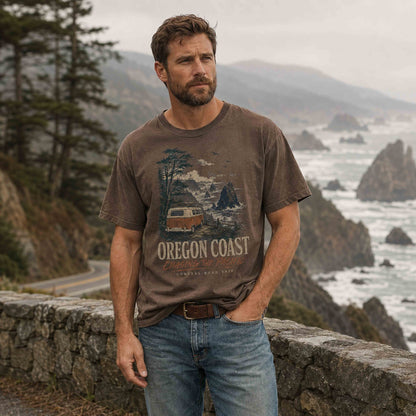 Oregon Coast Chasing the Pacific graphic tee lifestyle photo with Pacific Northwest scenery
