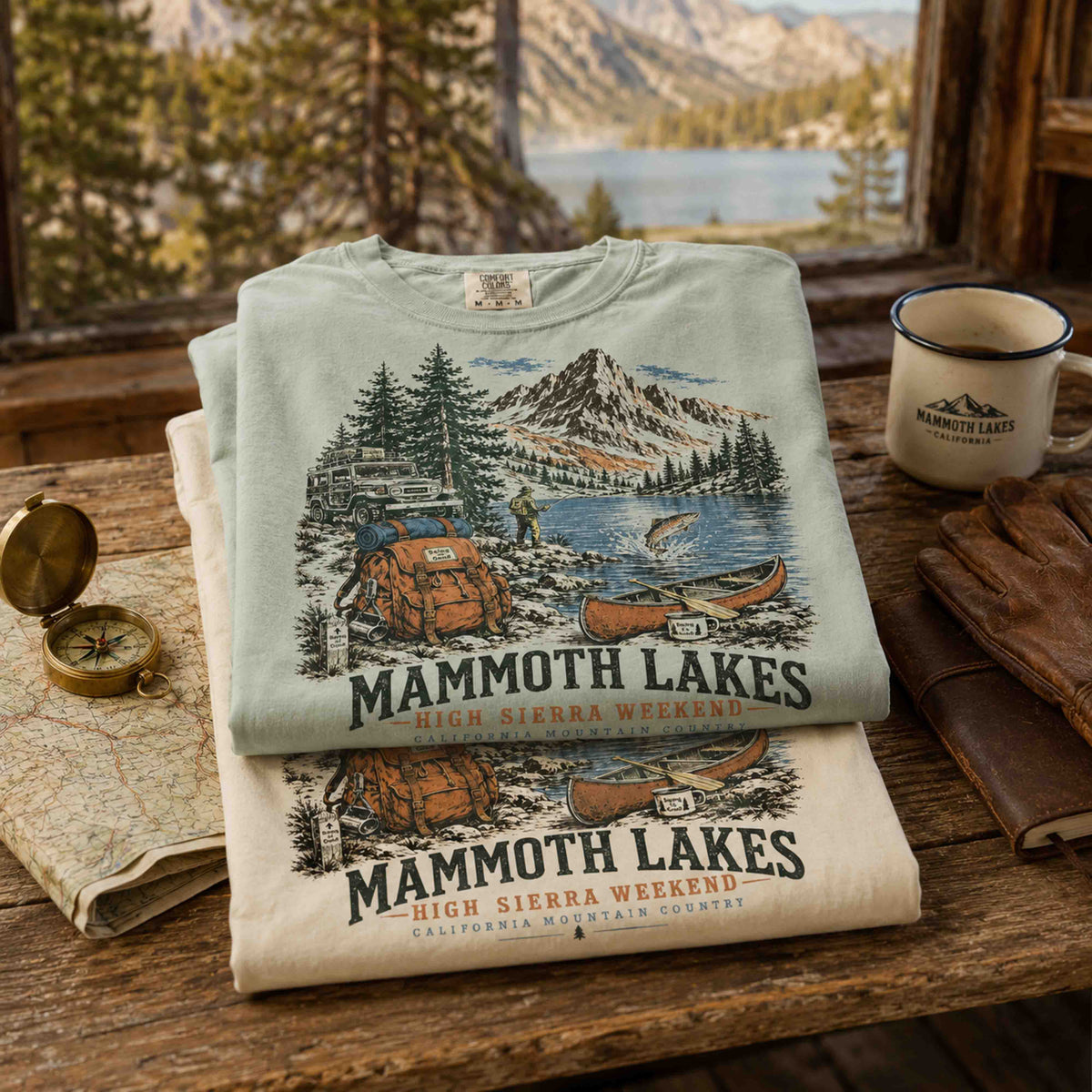 Mammoth Lakes California High Sierra Weekend graphic tee flat lay with vintage mountain travel artwork