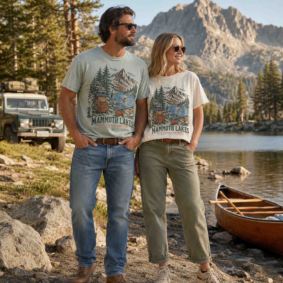 Couple wearing Mammoth Lakes road trip graphic tees during a High Sierra mountain getaway
